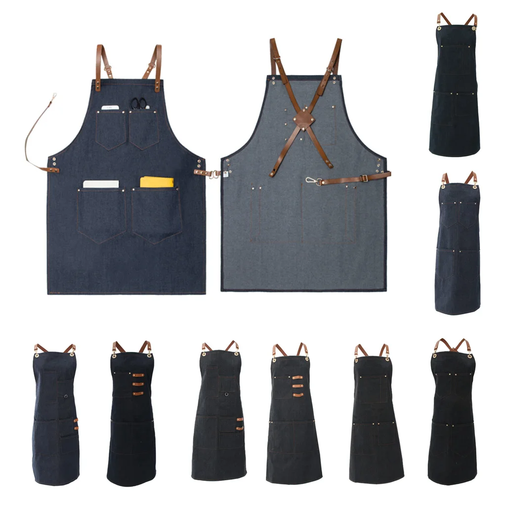 Multi Pockets Denim Bib Apron Barista Baker Bartender Chef Work Uniform Cook kitchen apron,cooking apron