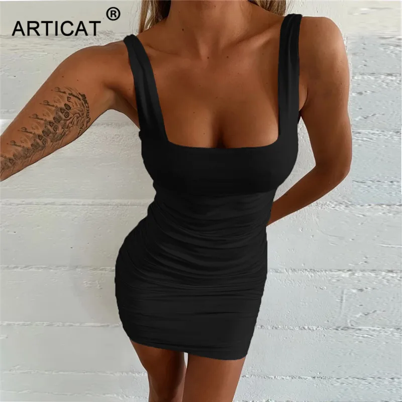 Articat Sexy Ruched Spaghetti Strap Dresses Women Backless Lace Up Bodycon Red Mini Dress Female Club Party Wear Vestidos - Color: Black