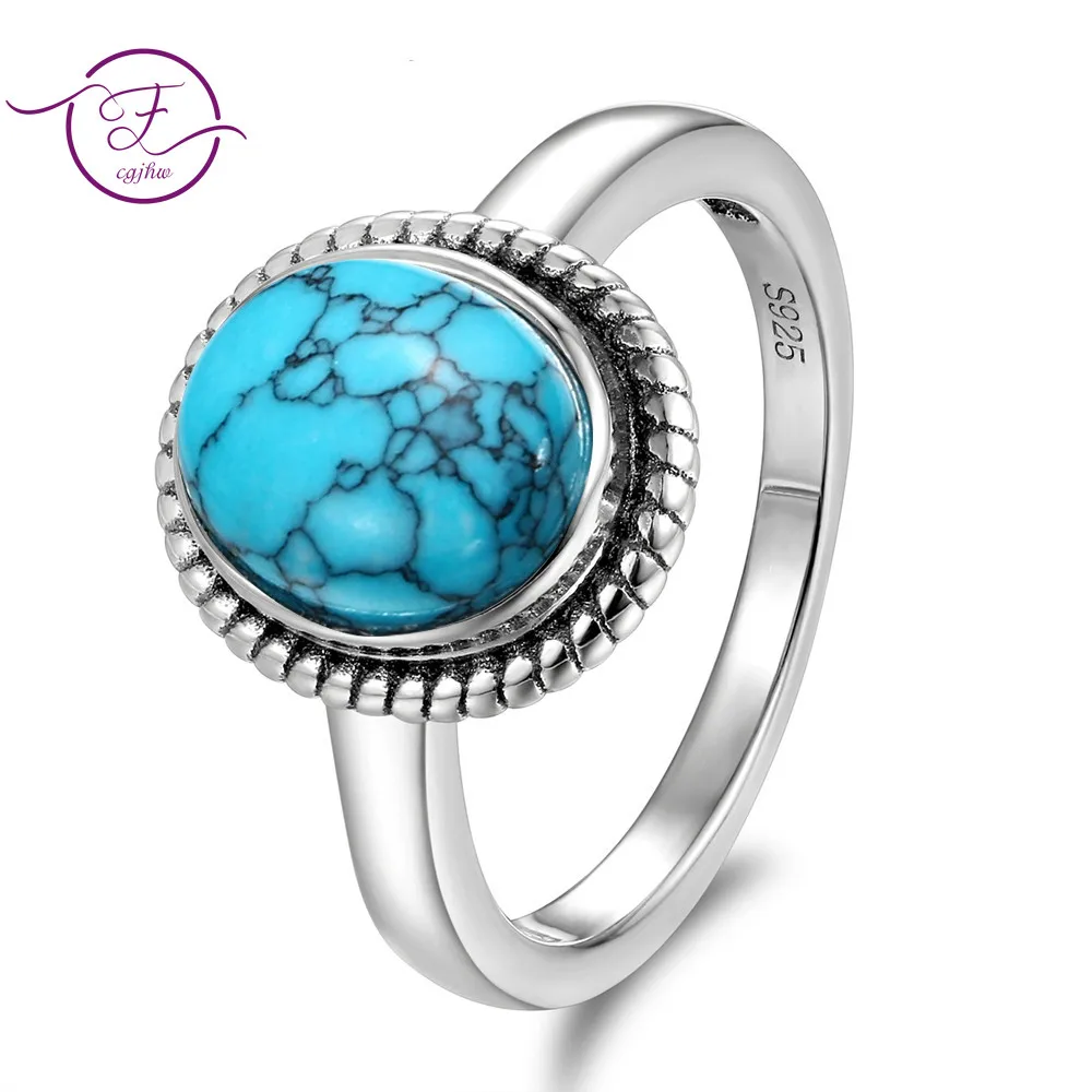 

Retro 8*10MM Engagement Ring Natural Turquoise Stone Moonstone Vintage Wedding Party Ring Fine Jewelry Gift Wholesale Rings