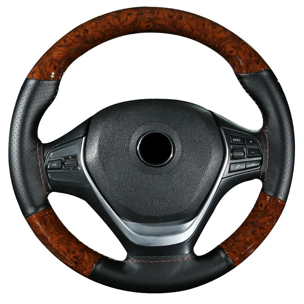 38cm Wooden Pattern Micfiber Leather Car Steering Wheel Cover Braiding Wheel Cover With Needle and Thread