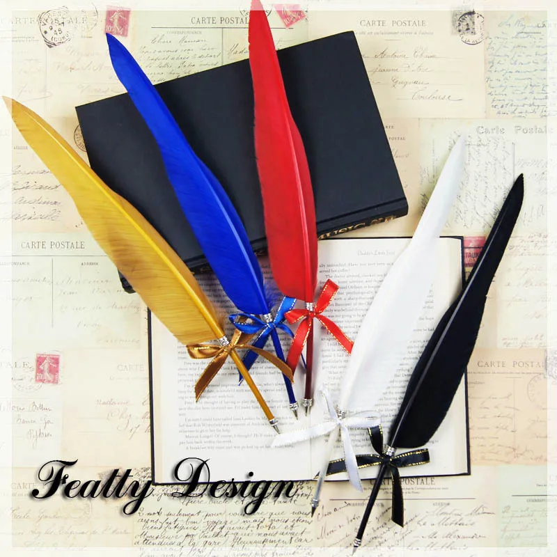 Hot Red Retro Style Black Ink Feather Quill Ballpoint Pen for Office