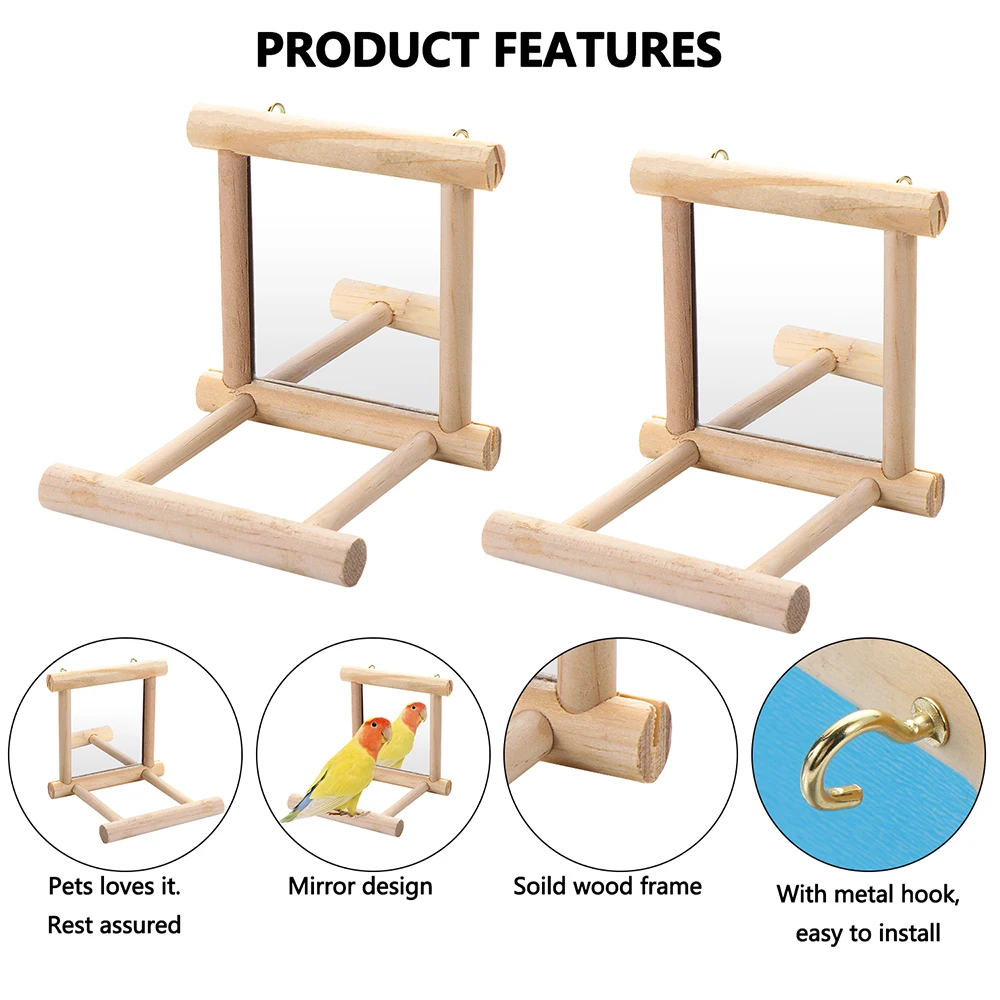 Bird Mirror with Wooden Perch Interactive Hanging Toy for Parrot Budgie