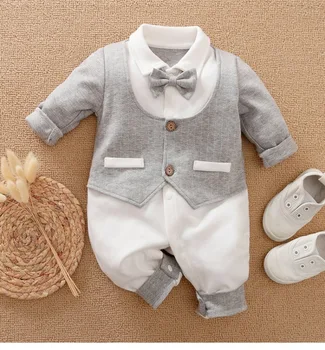 

Newborn Baby Boys Gentleman Romper Cotton Bowtie Long Sleeve One Piece Cute Tuxedo Outfits Jumpsuit festival birthday Outfit