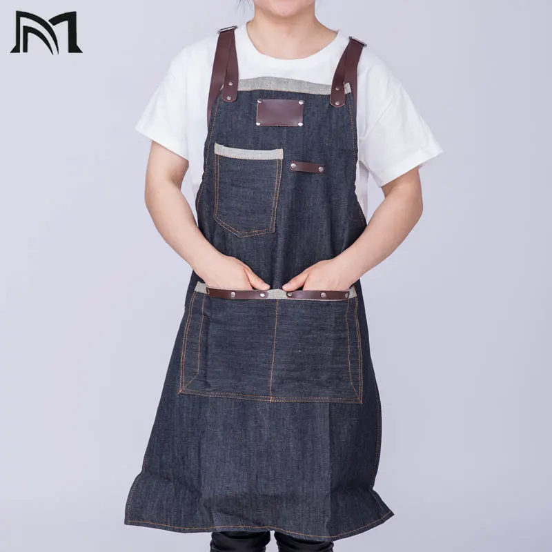 

80*65 cm Denim Kitchen Cooking Apron with Adjustable Cotton Strap Large Pockets Blue 34x27 Inches Barista Men and Women Homewear