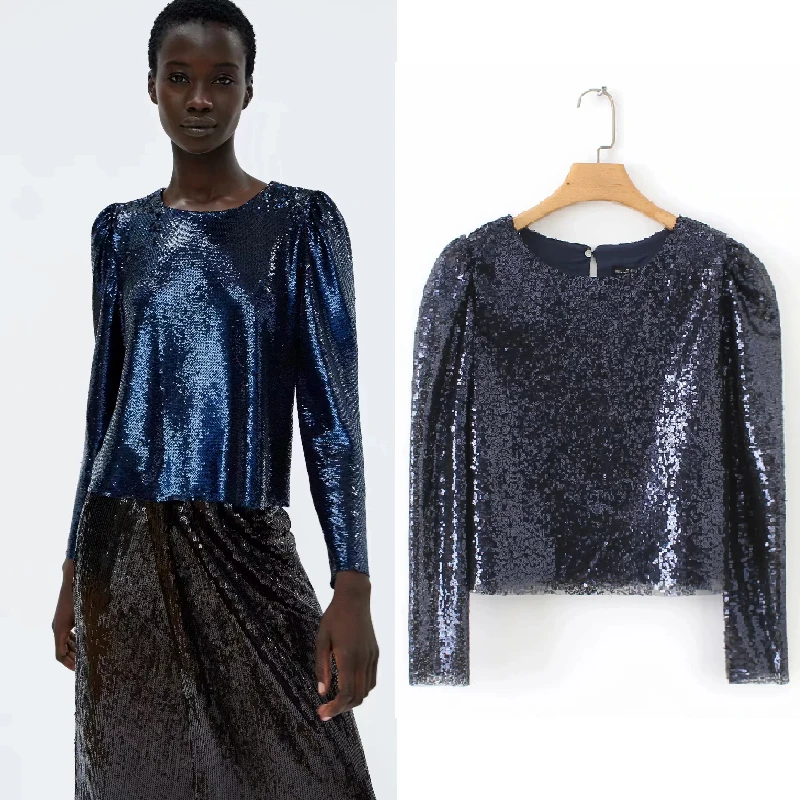 

Sexy stylish solid blouse Women Clothing 2019 casual chic tops Sequined Shining Bling Long sleeve stretchy O-neck female