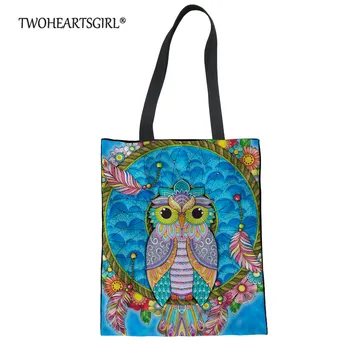 

Twoheartsgirl Cute Owl Printed Shopping Bag Women Stylish Shoulder Handbag Reusable Portable Foldable Canvas Bag Shopper Bags