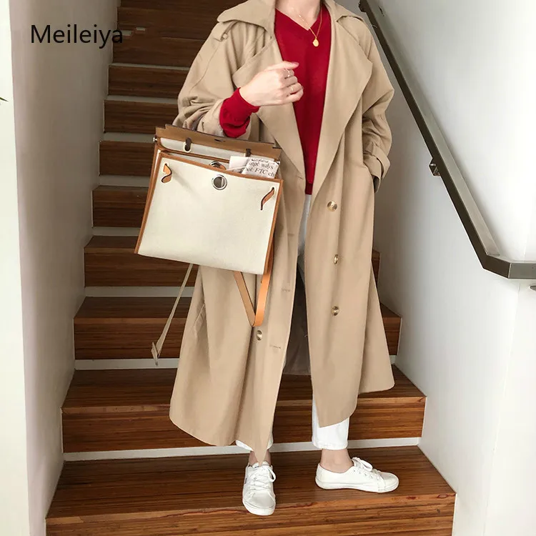 

Meileiya Women's Double-Breasted Trench Coat with Belt Classical Lapel Collar Loose Long Windbreaker Russia style Chic Outwear