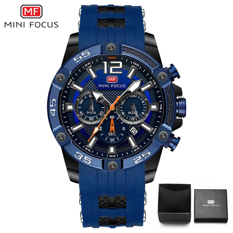 Blue black Часы MINIFOCUS с большим циферблатом, синие, черные, золотые, с хронографом, мужские спортивные часы s, силиконовый ремешок, военные кварцевые часы, мужские часы - Цвет: Blue black