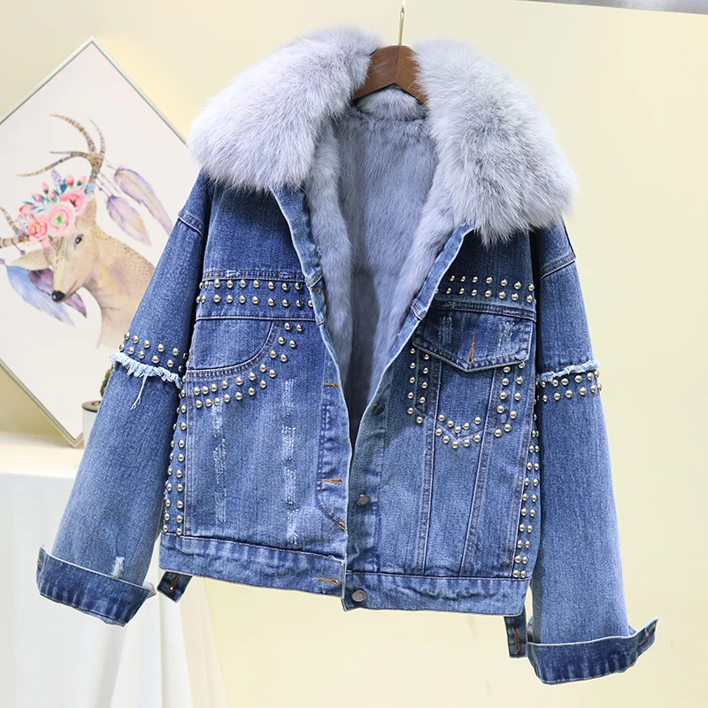 Winter new rivet real rabbit fur liner thick denim jacket female