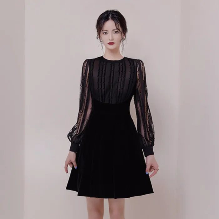 

HAMALIEL 2019 Autumn Party Black Dress Women Runway Mesh Patchwork Velvet Long Sleeve Ball Gown Dress Vintage Sexy Letters Dress