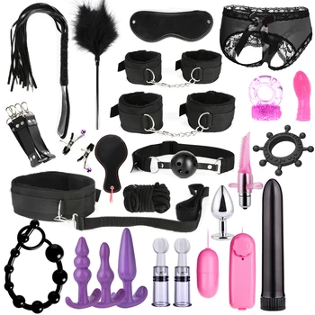 BDSM Bondage 15/17/26pcs Adult Game Prop Bullet Vibrator Butt Plug Gspot massage Handcuff Whip Mouth Gag Anal Bead Restraint Kit 2
