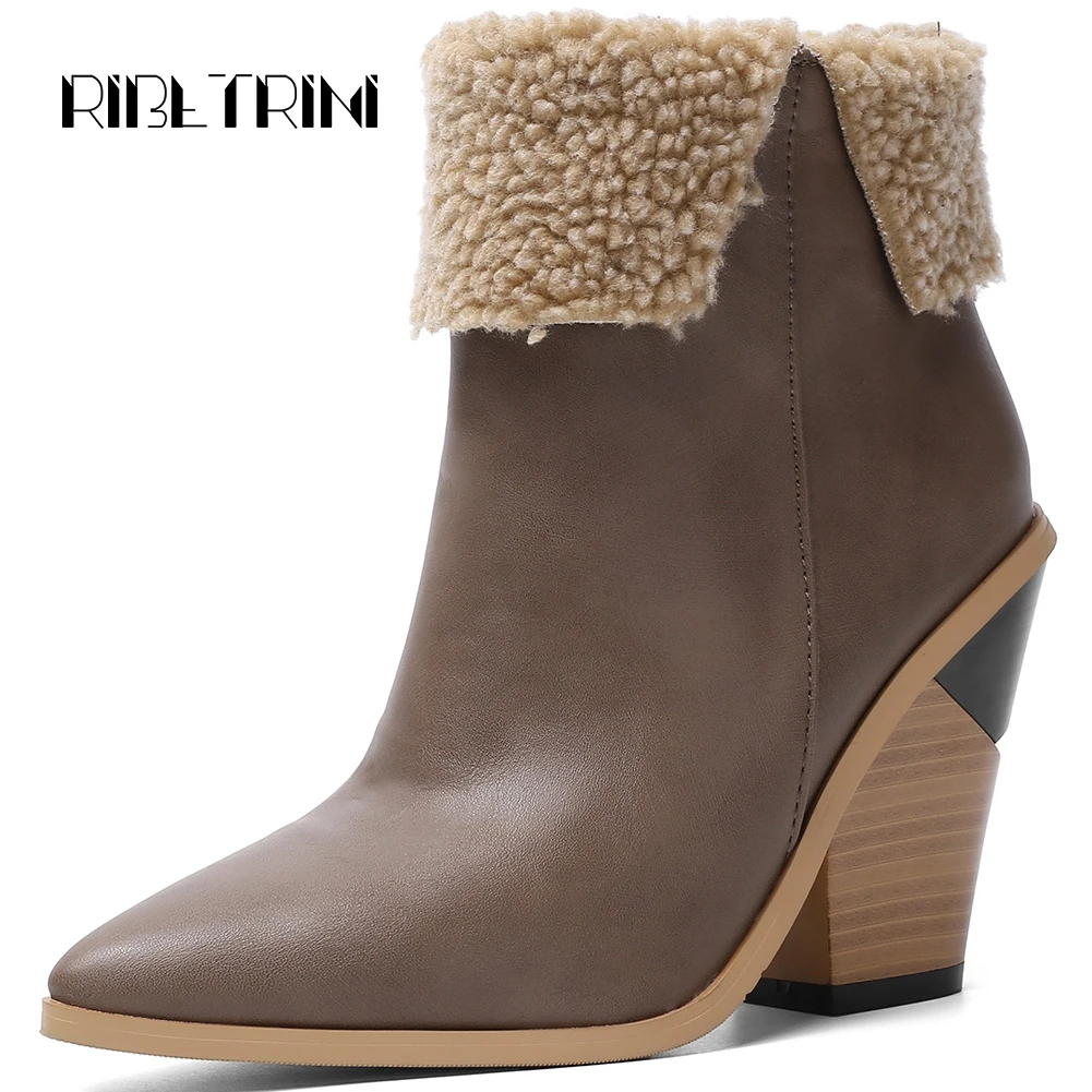 

RIBETRINI Ins Hot Design Wooden Chunky High Heels Pointed Toe Platform Winter Warm Fur Inside Snow Ankle Boots Autumn Shoes