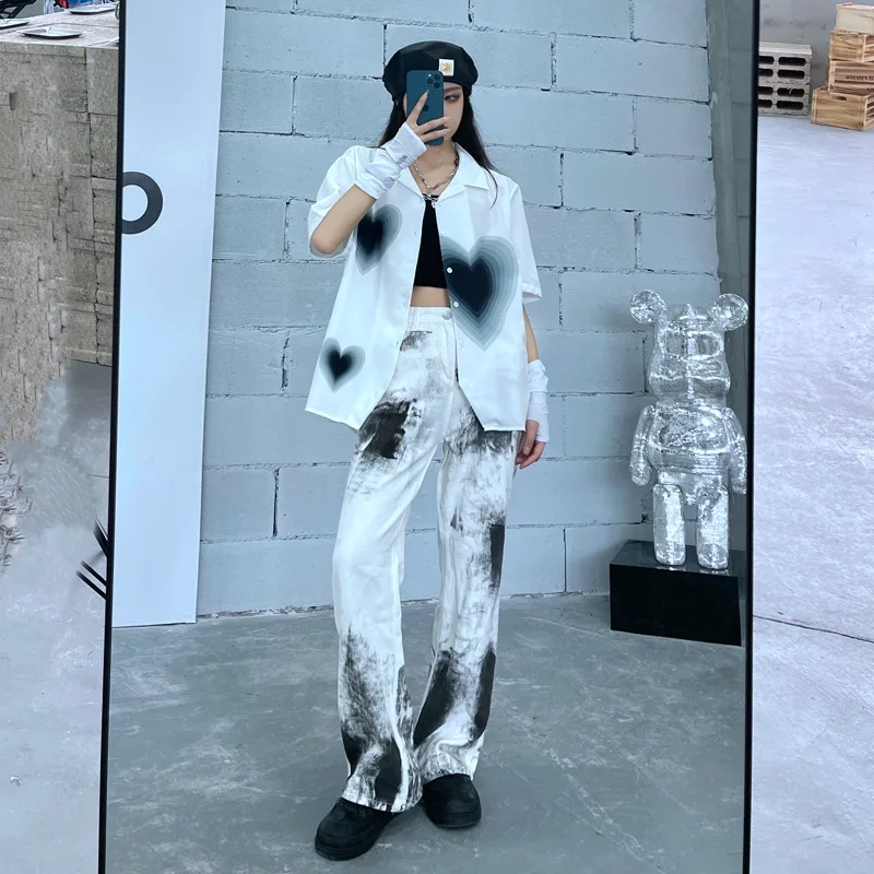 Fashion Women's Short Sleeve Shirts Korean Loose 2021 Summer Fashion Harajuku Heart Pirnted Casual Streetwear Female Blouse Top Fashion Women's Short Sleeve Shirts Korean Loose 2021 Summer Fashion Harajuku Heart Pirnted Casual Streetwear Female Blouse Top