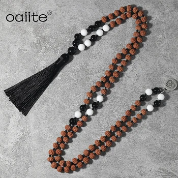 

OAIITE 108 Rudraksha Mala Beads Necklace with 8mm Black onyx &White Howlite Stone beads /Knotted Tassel necklace for women & man