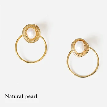 

Fresh water Pearl Baroque earrings hand-made round metal winding S925 needles retro elegant two ways to wear fashion earrings