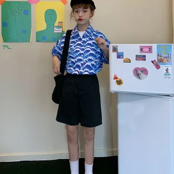 

Women Beach Style Wave Print Blouse Short Sleeve Loose Beach Tops Summer Harajuku Turn-down Collar Button Down Casual Shirt