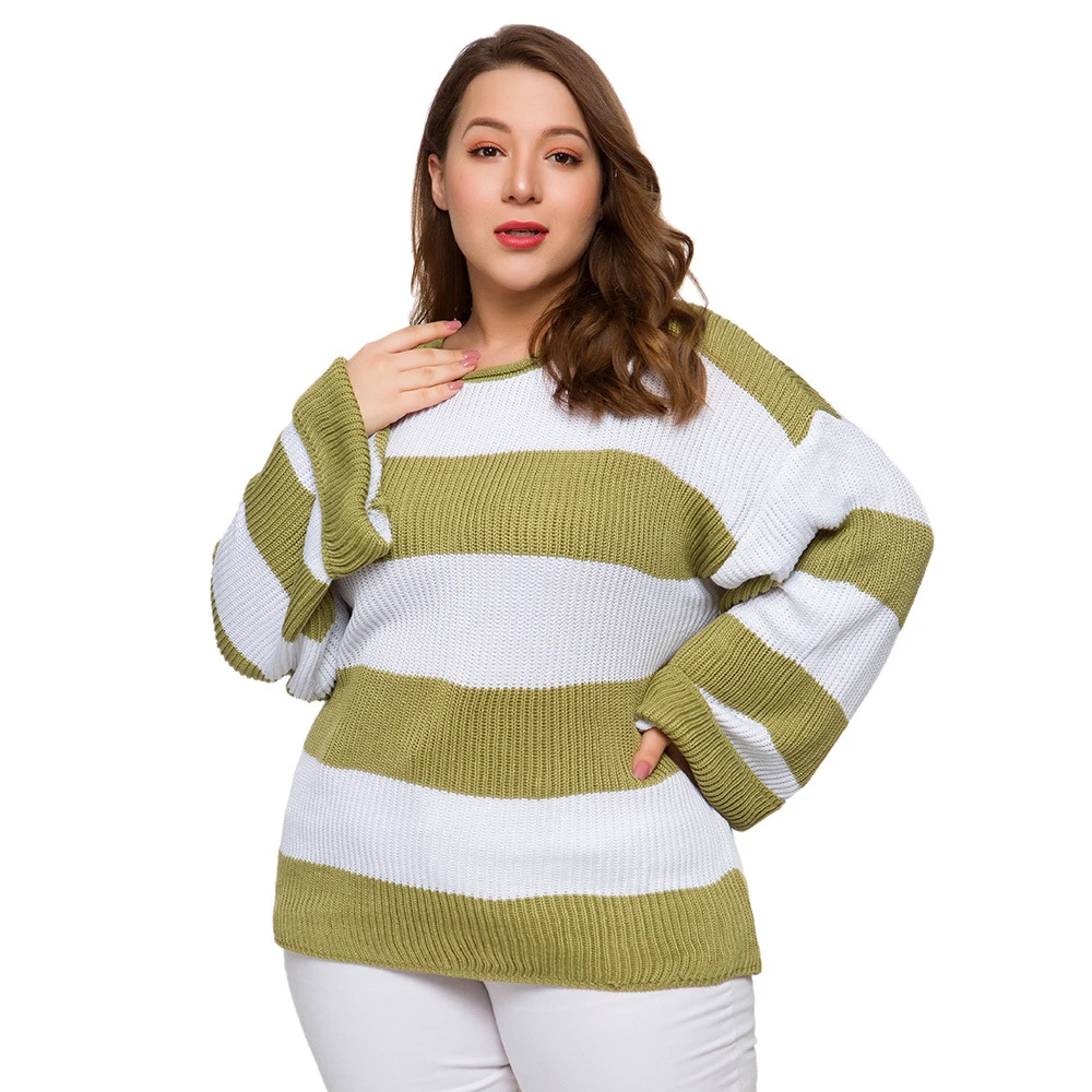 Wipalo Fall Winter Plus Size Women Sweaters Contrast Color Striped O-Neck Long Sleeve Warm Sweater Casual Loose Fashion Pullover | Женская