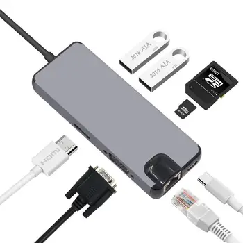

8 Port USB C Hub HDMI VGA Ethernet Lan RJ45 Adapter for Mac Book Pro Type C Hub Card Reader 2 USB 3.0