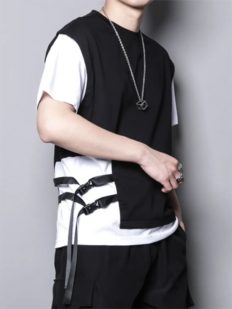 

Men's Short Sleeve T-Shirt Summer New Solid Color Round Collar Black And White Stitching Fashion Personality Versatile T-Shirt