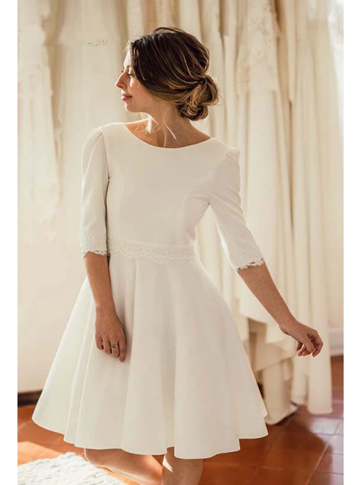 Ivory Short Wedding Dress 2020 Open Back Crepe Knee Length Bridal Dresses Short Sleeves robe de mariage Custom Made (2)