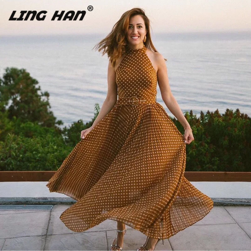 

LINGHAN Fashion Polka Dot Print Pleated Dress Women's Elegant Lace Up tank Dresses Designer Spring Summer New