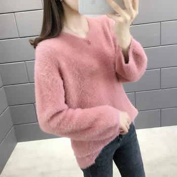 

Autumn and winter new Korean version of the loose fashion V-neck water jacket velvet lazy wind knit pullover shirt shirt tide