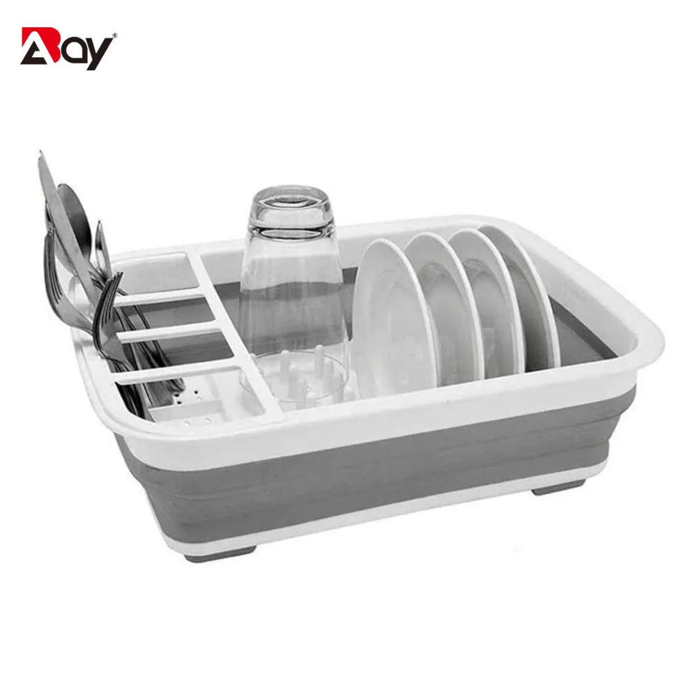 Collapsible Dish Drainer Tray with Board Foldable Drying Rack Set Portable Dinnerware Organizer Space Saving Kitchen Storage