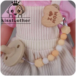 Kissteether Beech Wooden Heart Pacifier Clip Chain Infant Dummy Soothie Teether Nipple Holder for Infant Wood and Silicone Beads