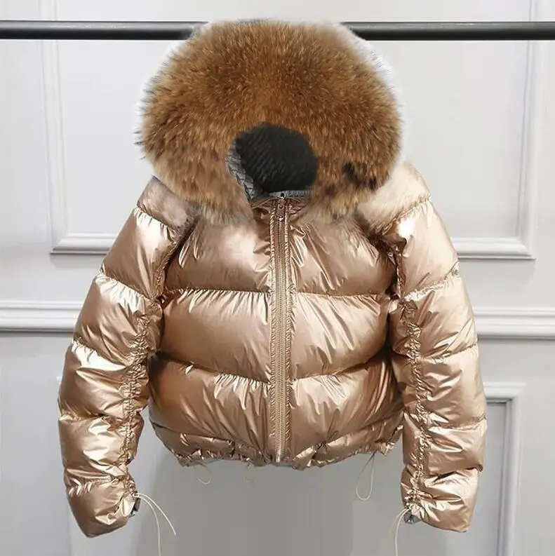 Пальто с натуральным лисьим меховым воротником зимняя куртка женская Свободная короткая пуховая куртка белая пуховая куртка Толстая теплая пуховая парка - Цвет: Gold 2