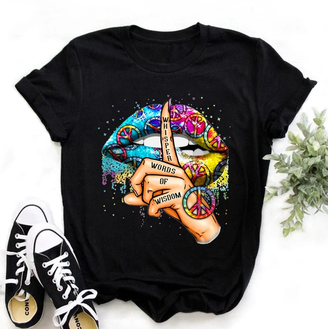 Women Tops O-neck Sexy Black Tees Kiss Lip Funny Summer Female Soft T Shirt Lips Watercolor Graphic T Shirt Top9180 9180-black