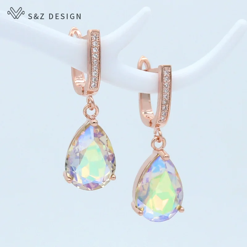 S&Z DESIGN New Fashion Luxury Water Drop Crystal 585 Rose Gold Color Dangle Earrings For Women Wedding Engagement Jewelry