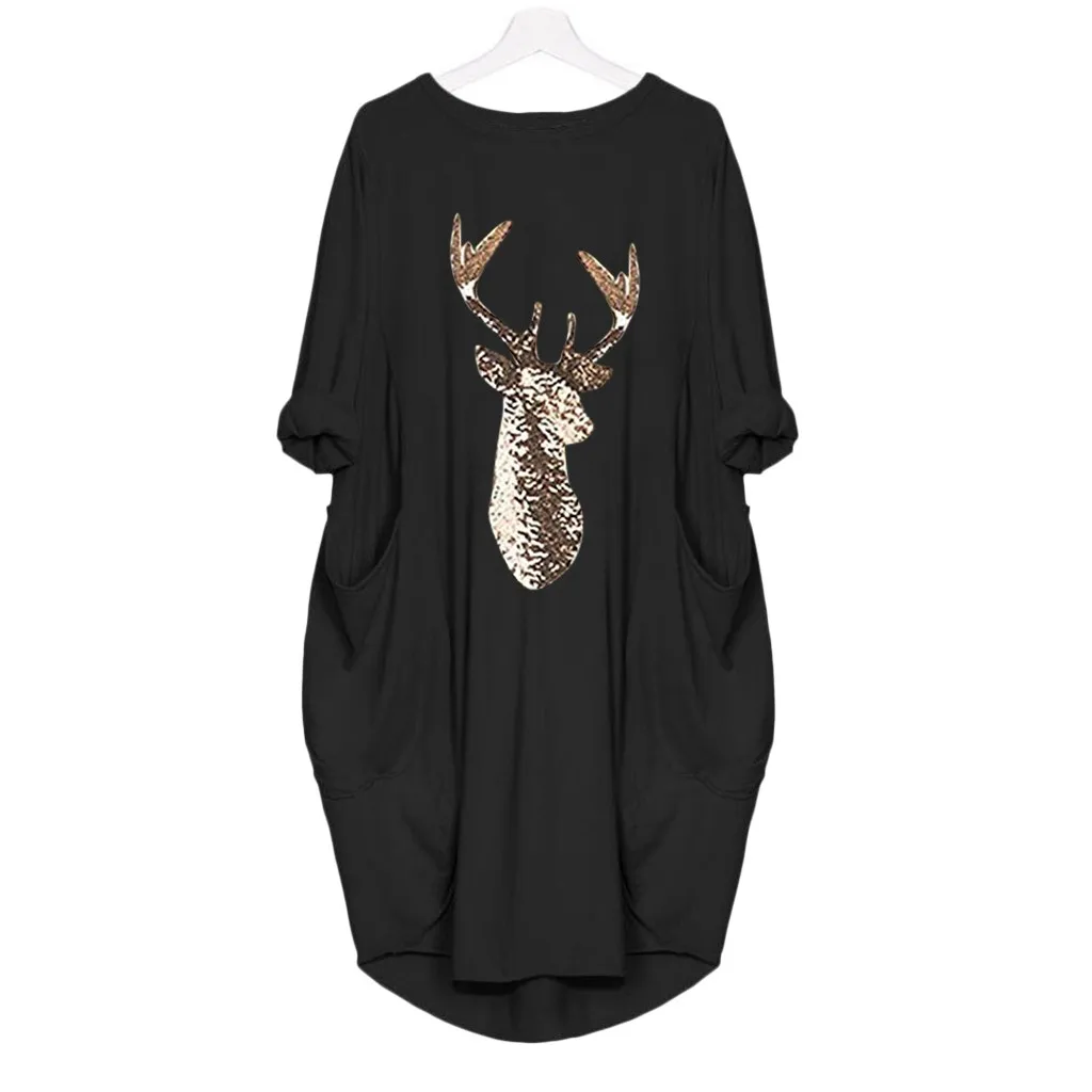 JAYCOSIN ladies dress winter large size round neck long sleeve solid color pocket dress Christmas antler print casual fashion