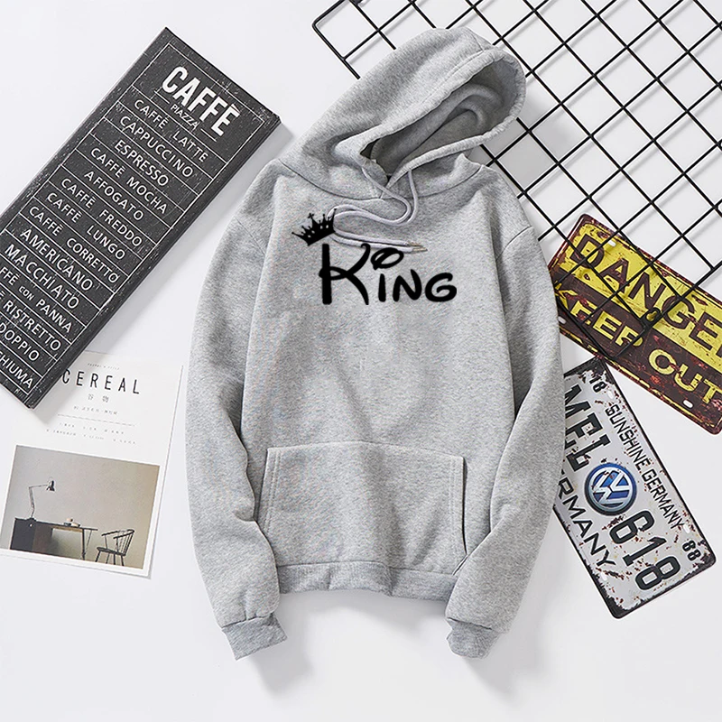 Gray KING Король Королева Корона печати для мужчин и женщин уличная осень толстовки с длинными рукавами Толстовка для влюбленных зима с капюшоном пуловеры пальто с капюшоном - Цвет: Gray KING