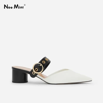 

Punk Style Metal Buckles Women High Heels Mules 2020 Pointed Toe Women Sandals Fashion Mixed Color Summer Slippers Slides Shoes