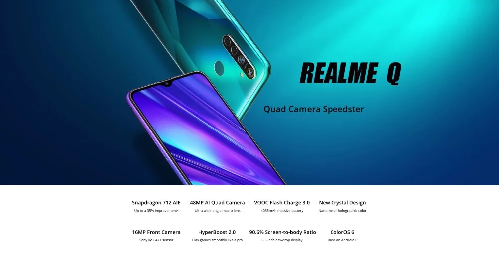 Realme Q 8 ГБ ОЗУ 128 Гб ПЗУ 6,3 ''мобильный телефон Snapdragon 712AIE Восьмиядерный 48мп четырехъядерный мобильный телефон с камерой OPPO VOOC 20 Вт быстрое зарядное устройство