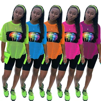 

Autumn New Style Fashion Casual Two Piece Set Mesh Short Sleeves O-neck Kiss Lip Print&knee-length Pants Female Leisure Suits