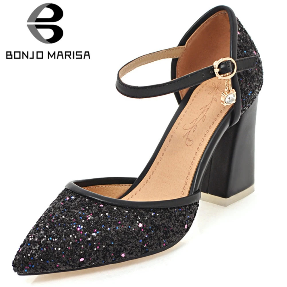 

BONJOMARISA Plus Size 31-46 Brand New Ladies Chunky High Heels Sandals Fashion Bling Summer Sandals Women Party Ol Shoes Woman