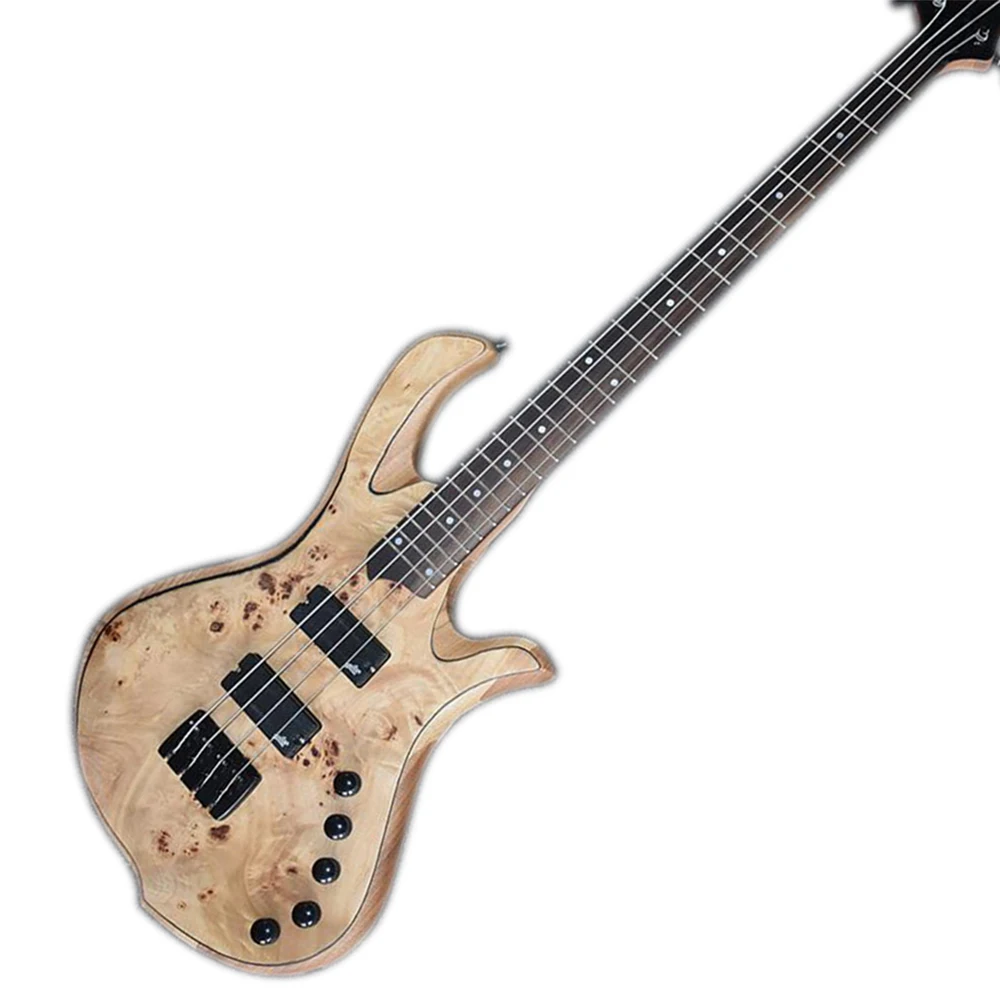 Natural Wood Color Elm Electric Bass Guitar 4 Strings with Rosewood Fretboard Burl Maple Veneer Customizable | Спорт и развлечения