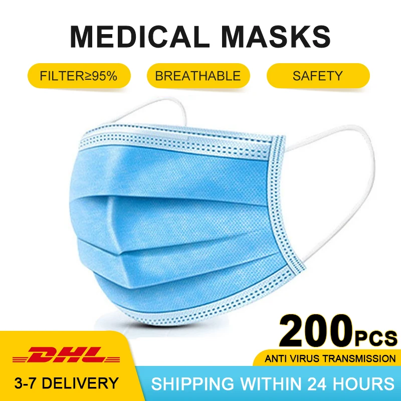 

Face Mouth Mask Surgical 200PC Bacteria Proof Adult N95 3 Anti-dust Fog Haze Hanging Ear 3-layer Filtration Nonwoven Fabrics