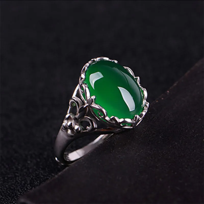 Cellacity Classic Fine Jewelry with Gemstones Silver 925 Ring for Women 15*12mm Green Chalcedony Opening adjustable Female Gift