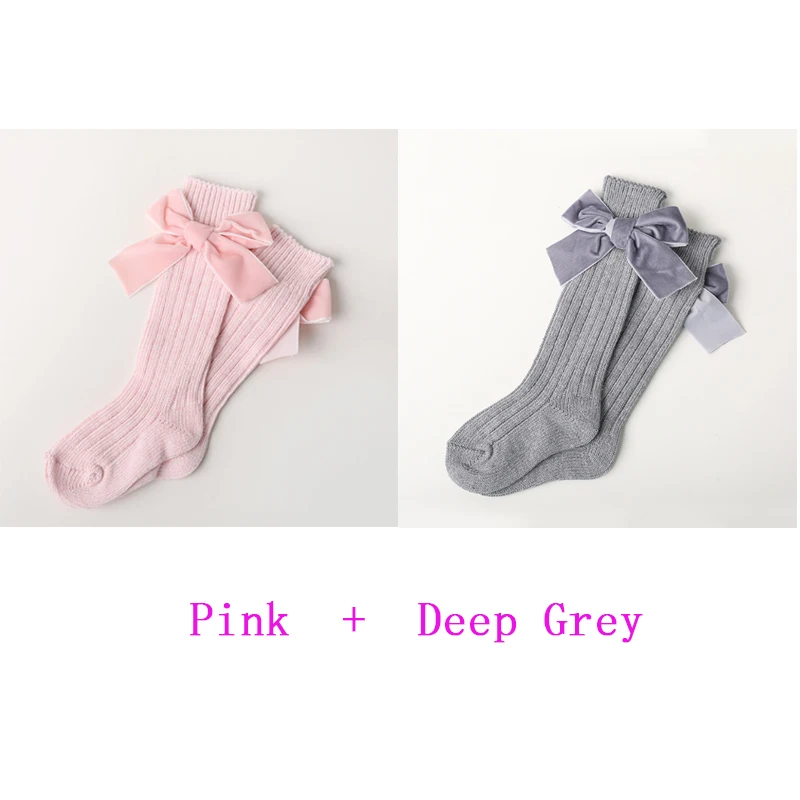 Pink and Deep Gray Длинные носки для девочек; детские носки; хлопковые кружевные Гольфы с оборками; 2 пар/лот; носки принцессы с бантом для маленьких девочек - Цвет: Pink and Deep Gray