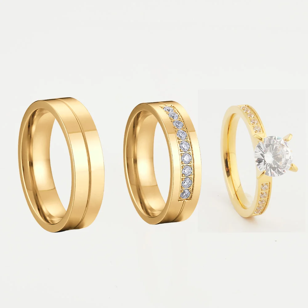 Verlovingsring 3Pcs 18K Gold Wedding Engagement Rings Set Voor Mannen Vrouwen Lover 'S Paar Ring Titanium Huwelijk anniversary _ - AliExpress Mobile