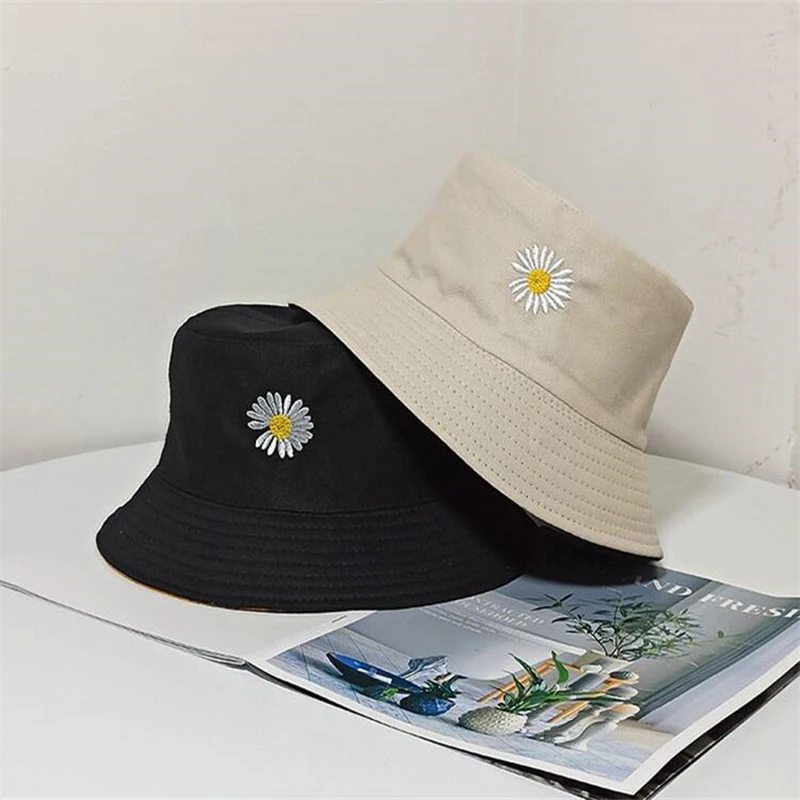 ladies bucket hat TON Women Bucket Fishing Hats Embroidery Daisies Cap Double-sided Wear lady Fisherman Hat Panama Casual hat for Women Gifts womens bucket hat with string