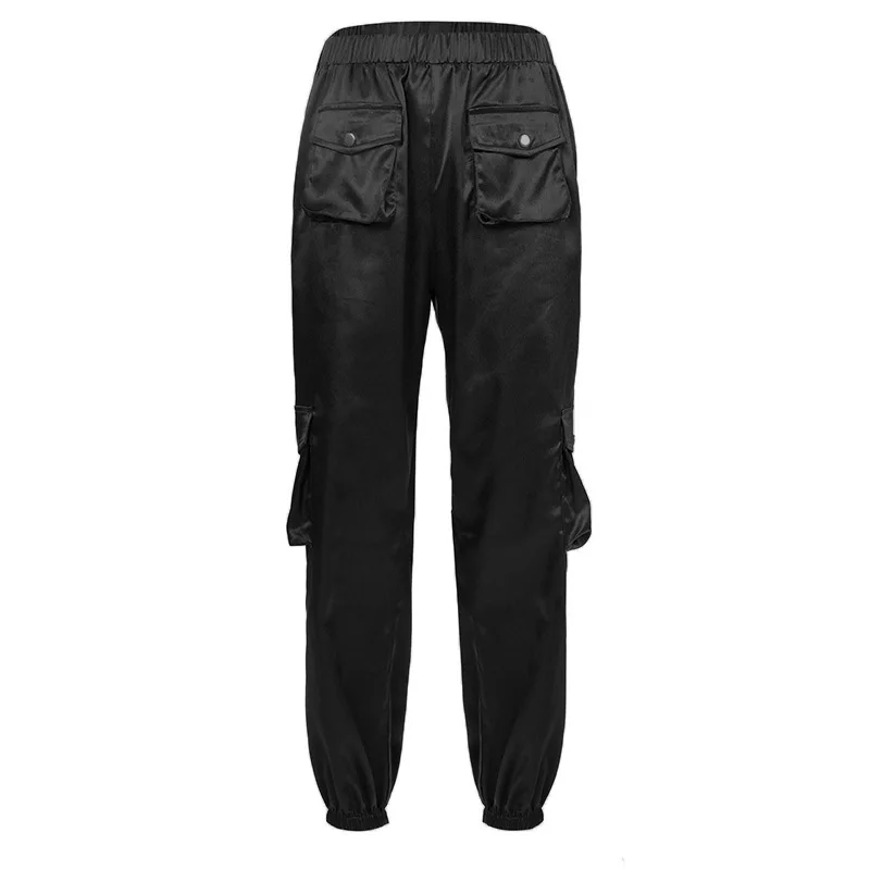TCJULY Лидер продаж модный однотонный Атлас брюки бегунов карманов Высокая Талия Брюки Для женщин полиэстер уличная Повседневное брюки-карго - Цвет: Black
