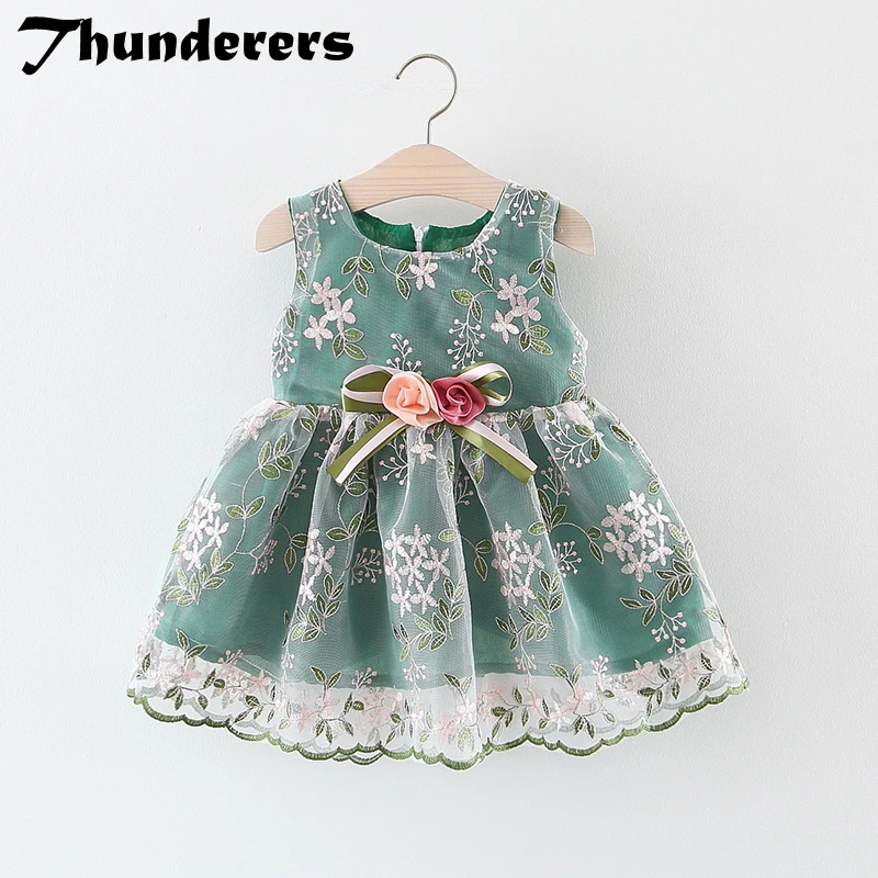 Thunderers/элегантное платье с цветочным принтом для девочек детское праздничное платье без рукавов розового и зеленого цвета одежда для малышей платья-майки с вышивкой