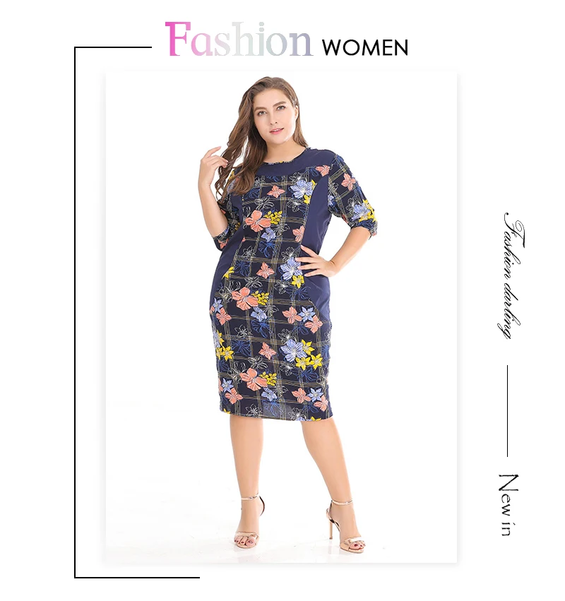 A.M.A. Богемное женское платье Лето o-образным вырезом плюс размер XL-3XL Bodycon женские цветочные платья половина темно-синего цвета женское платье