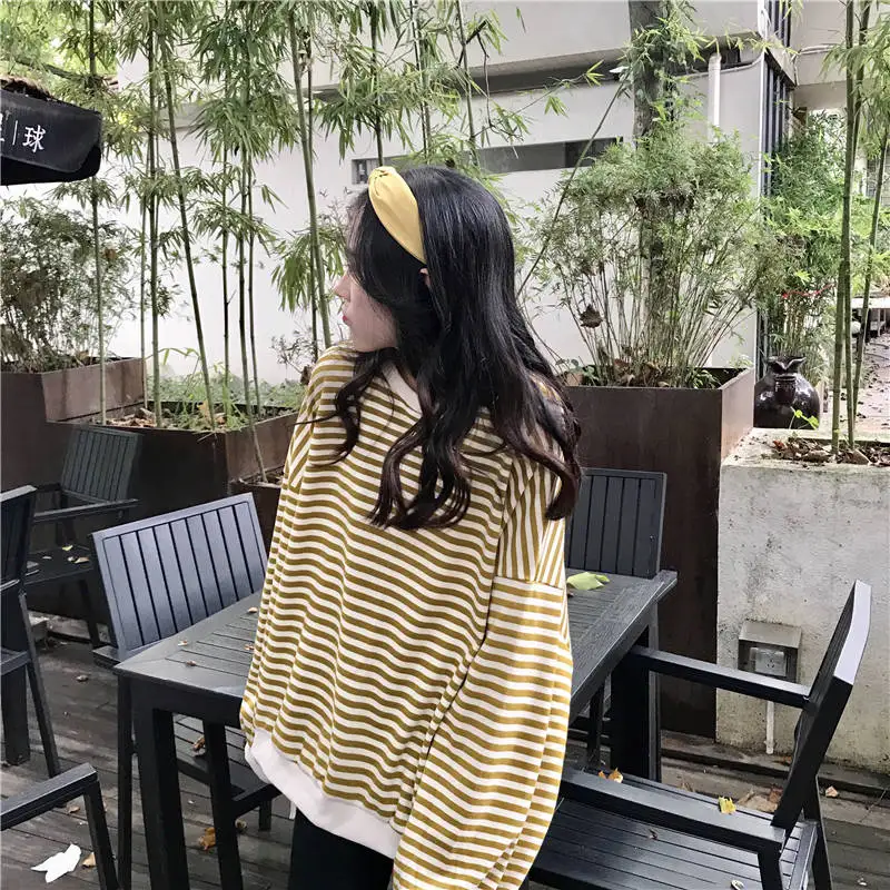 Fashion Sweatshirt Women Autumn Loose Oversized Striped Long Sleeve Hoodies Casual Women Top Brief Pullovers Female Sweatshirts