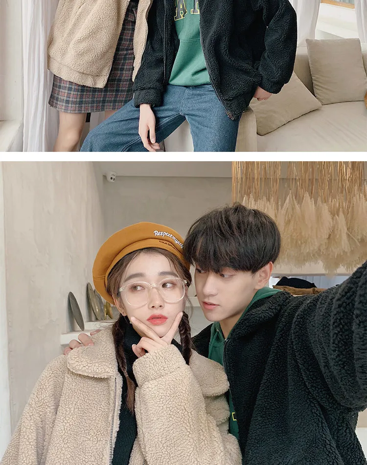 Winter New Korean Version Of The Couple Fashion Thick Lapels Lamb Hair Loose Casual Woolen Coat