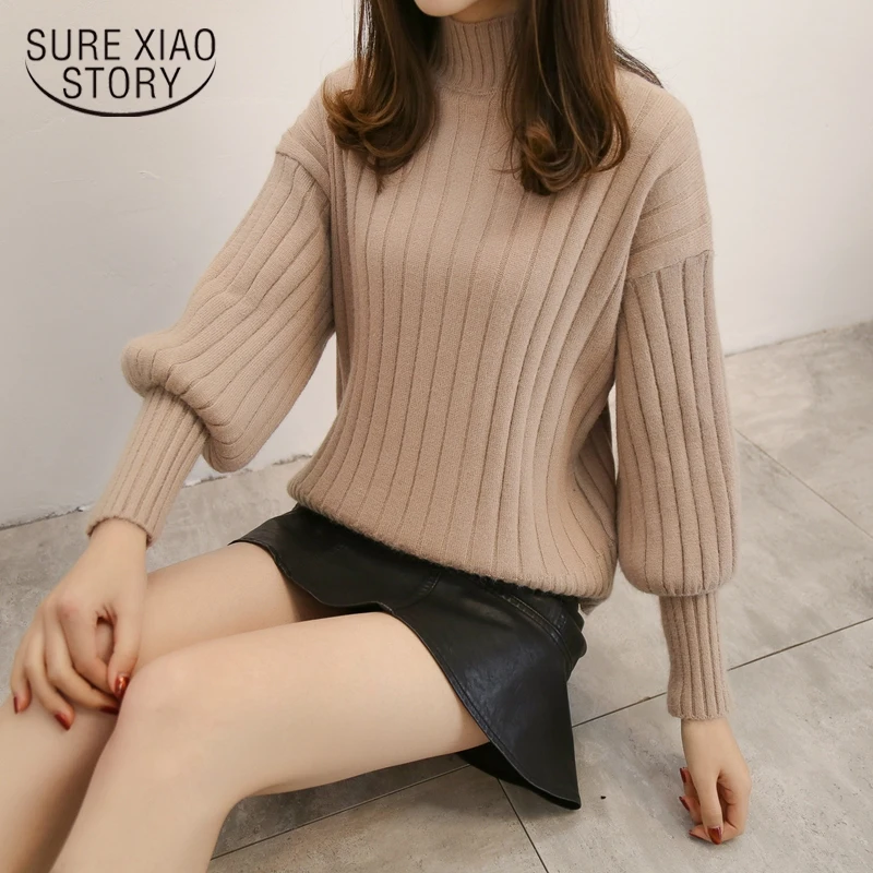 Baratos Truien dames invierno 2019 camisa de fondo para mujer de punto plano manga de linterna medio cuello de tortuga nuevo jersey suelta marea 7010 50