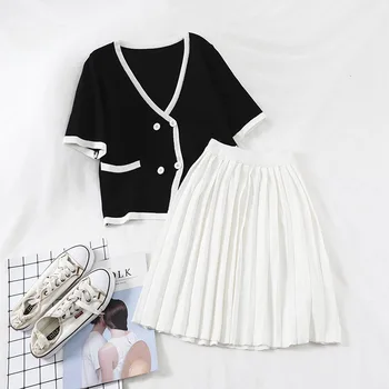 

preppy style two pieces women sets knitted button v-neck cardigan sweater and skirts female girl skirts suits top quality